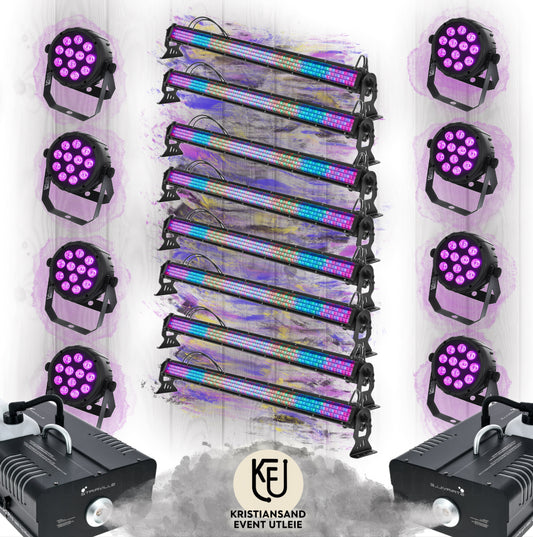(B4) Belysning pakke - 8 stk led bar, 8 stk led par kasse, 2 stk røykmaskin (XXL)